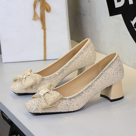 Sequin Rhinestone Bow Mid Heel Dress Shoes