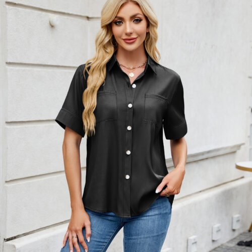 Embrace an effortless vibe with this charming, denim-look short-sleeve shirt. Its relaxed, loose fit and classic single-breasted design make it the perfect versatile piece for a chic, comfortable spring or summer style.