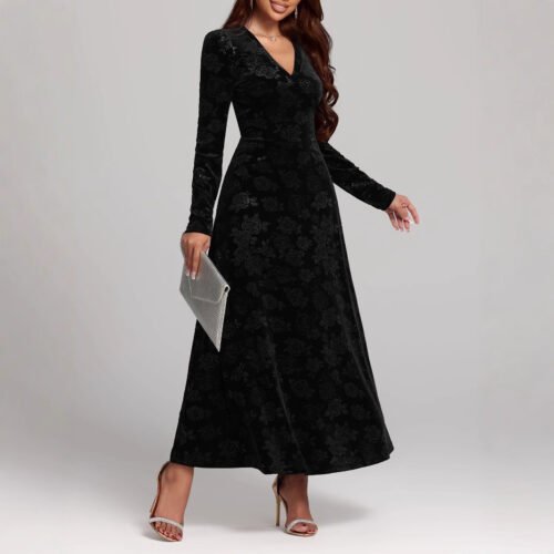 Autumn Winter Sexy V Neck Long Sleeve Maxi Pleuche Dress Women