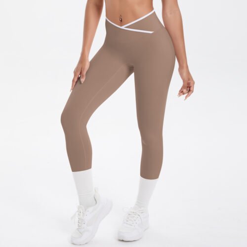 Nude Feel Skinny Yoga Pants Contrast Color Sexy Hip Lifting Cross High Waist Cropped Pants Women Sports Fitness Pants