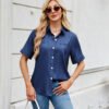 Embrace an effortless vibe with this charming, denim-look short-sleeve shirt. Its relaxed, loose fit and classic single-breasted design make it the perfect versatile piece for a chic, comfortable spring or summer style.