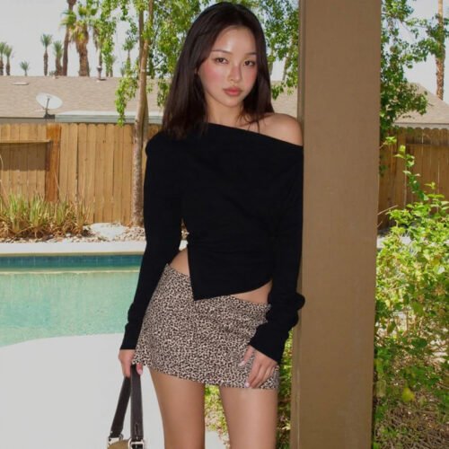 Women Summer Simple Shoulder Stretch Slim Fit Slit Long Sleeve T-Shirt Top