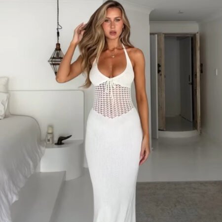 Spring Women Halter Low Cut Backless Knitted Hollow Out See-Through Dress