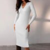 Autumn Winter Women Clothing Midi French Sexy Deep V Plunge Collared Slimming Dress