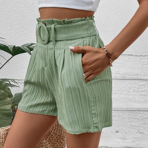 Summer Solid Color High-Waist Pleated Shorts for Women