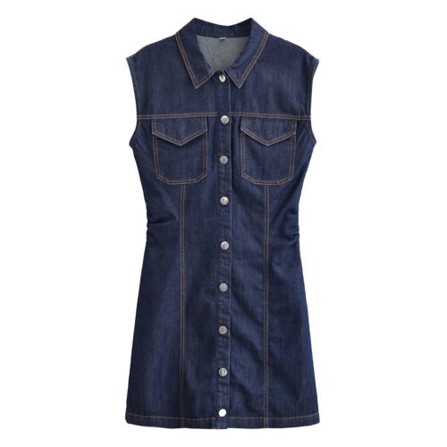 SUMMER DENIM MINI PLEATED SLEEVELESS DRESS