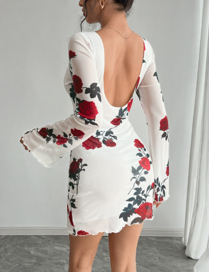 Spring Summer Floral Backless Bell Sleeve Mini Dress