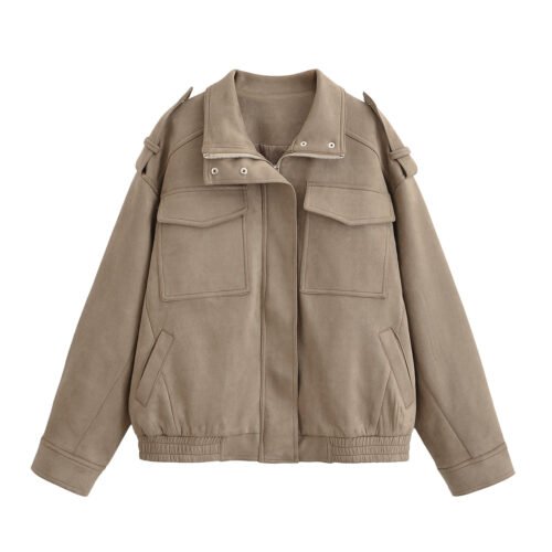 Suede Texture Faux Leather Varsity Jacket for Women