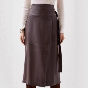 Faux Leather Elegant Irregular Asymmetric Slit Belted A-Line Skirt