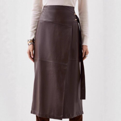 Faux Leather Elegant Irregular Asymmetric Slit Belted A-Line Skirt