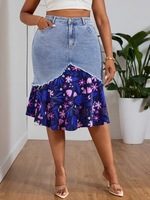 Plus Size Floral Embroidered Denim Skirt for Women