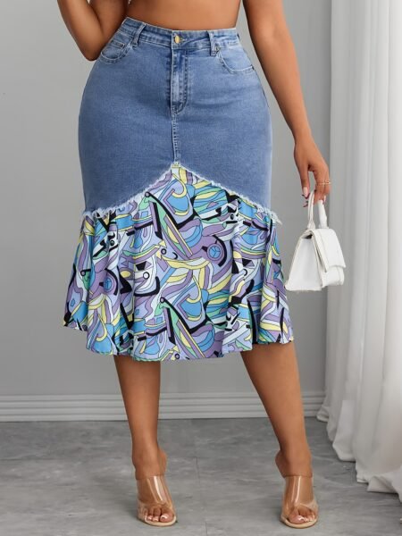 Plus Size Floral Stitching Denim Lady Skirt