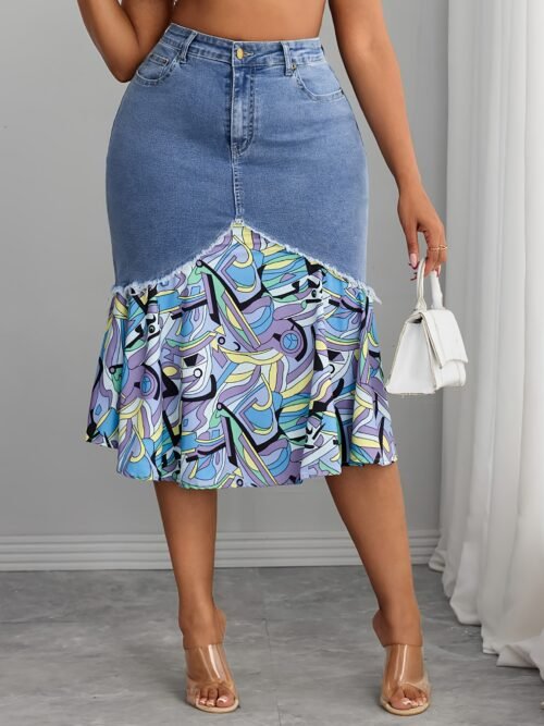 Plus Size Floral Stitching Denim Lady Skirt