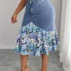 Plus Size Floral Embroidered Denim Skirt for Women