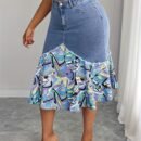 Plus Size Floral Embroidered Denim Skirt for Women