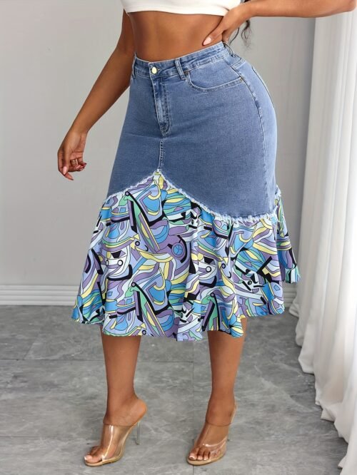 Plus Size Floral Embroidered Denim Skirt for Women