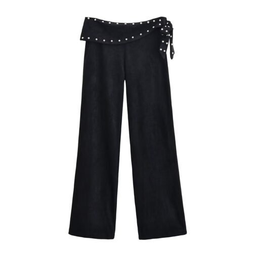 Women Autumn Winter Rivets Lace-Up Casual Bootcut Pants