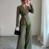 Olive Green Waist Cinched Office Chic Two Piece Pants Set