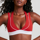 FAUX TWO-PIECE CONTRAST STITCHING HALTER SPORTS BRA