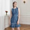Sleeveless Printed Blue Denim One-Piece Dress for Women