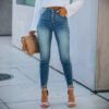 High-Stretch Breasted Ankle-Length Denim Pants for Women