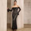 French Off Shoulder Lace Slim Fit Long Sleeve Dress