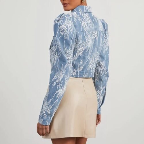 Spring Casual Floral Lace Detail Denim Jacket for Women