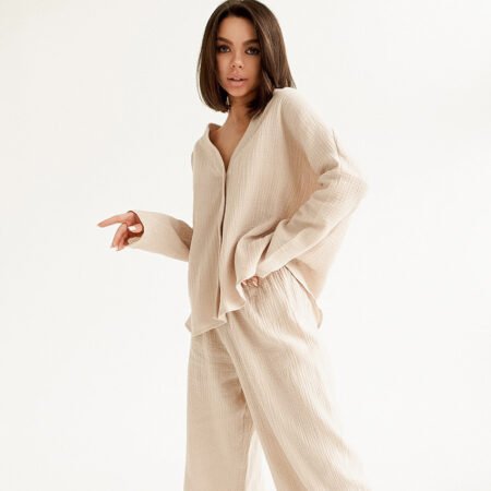 French-Style V-Neck Cotton Linen Pajama Set for Women