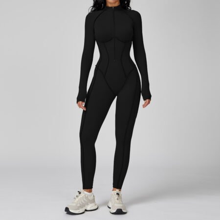PowerFlex Contrast Zip‑Front Fitness Jumpsuit