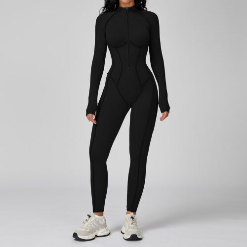 PowerFlex Contrast Zip‑Front Fitness Jumpsuit