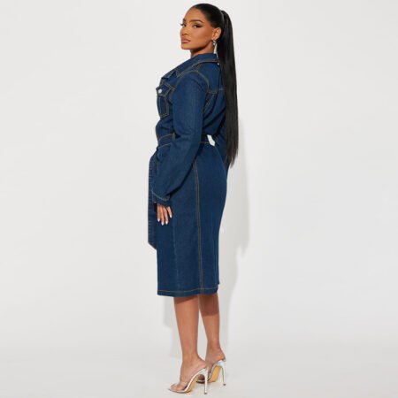 Long Sleeve Denim Jacket-Inspired Mid Length Dress for Women