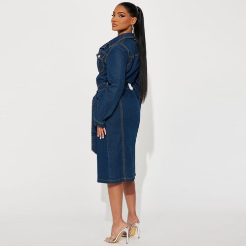Long Sleeve Denim Jacket-Inspired Mid Length Dress for Women