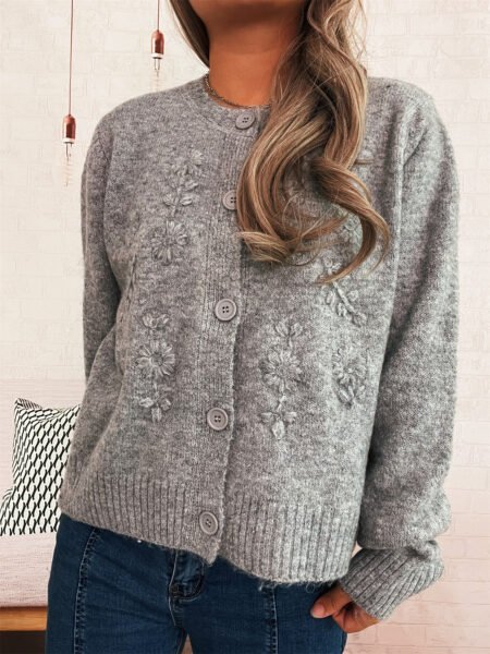 Autumn Winter Floral Embroidered Solid Color Knitted Cardigan