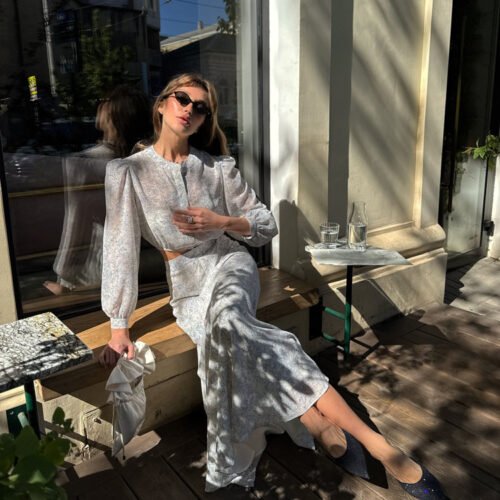 Elegant Printed High Waist Long Skirt & Long Sleeve Office Set