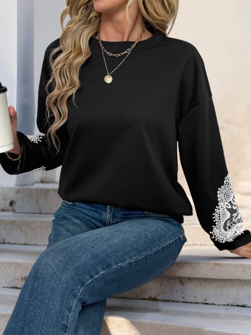 Autumn Round Neck Lace Stitching Pullover Sweatshirt for Women