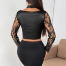 Satin Lace Halter Boning Corset Top with Slim Long Sleeves