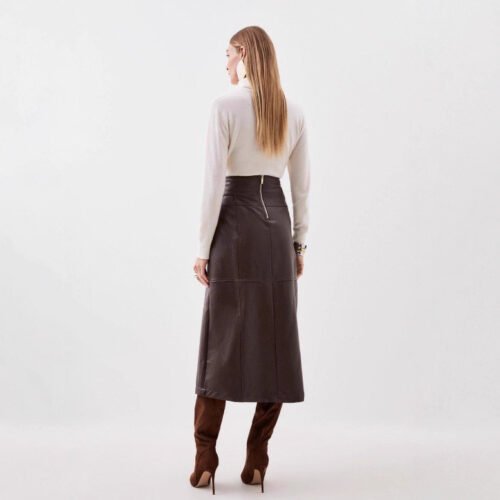 Asymmetric Faux Leather Belted A-Line Skirt with Slit