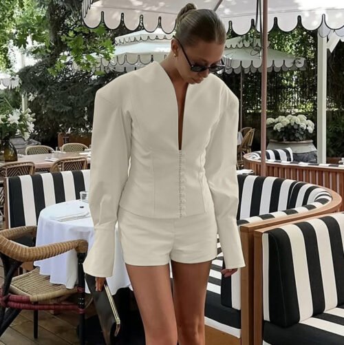 Elegant V-Neck Long Sleeve Waist-Shaping Top & Shorts Office Set