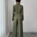 Olive Green Waist Cinched Office Chic Two Piece Pants Set