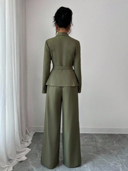 Olive Green Waist Cinched Office Chic Two Piece Pants Set
