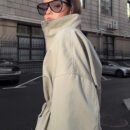 Women’s Mid-Length Cotton Trench Coat – Stand Collar Drawstring Waist