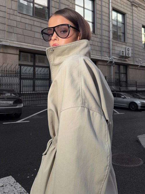 Women’s Mid-Length Cotton Trench Coat – Stand Collar Drawstring Waist