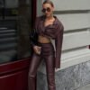 Sexy Collared Crop Top & Faux Leather High-Waist Pants Two Piece Set