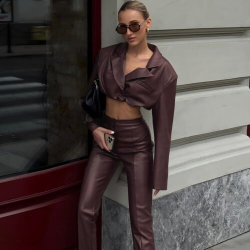 Sexy Collared Crop Top & Faux Leather High-Waist Pants Two Piece Set