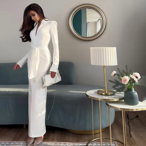 FALL SOLID COLOR COLLARED LACE-UP SLIM ZIPPER DRESS