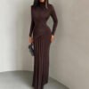 Pleated Round Neck Slim Fit Long Sleeve Dress for Fall Winter