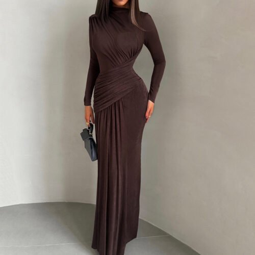 Pleated Round Neck Slim Fit Long Sleeve Dress for Fall Winter