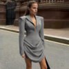 Women Clothing Autumn Winter Solid Color Slim Deep V Plunge Neck Waist Controlled Slimming Blazer Dress