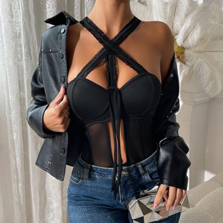 Lace-Up Cutout Mesh Boning Corset Shaping Jumpsuit