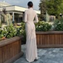 Elegant High Collar Pleated Slim Fit Long Sleeve Dress for Fall